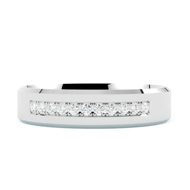 Obrączka ślubna z diamentami, białe złoto 585, profil płaski fazowany, szerokość 4,50 mm, polerowana