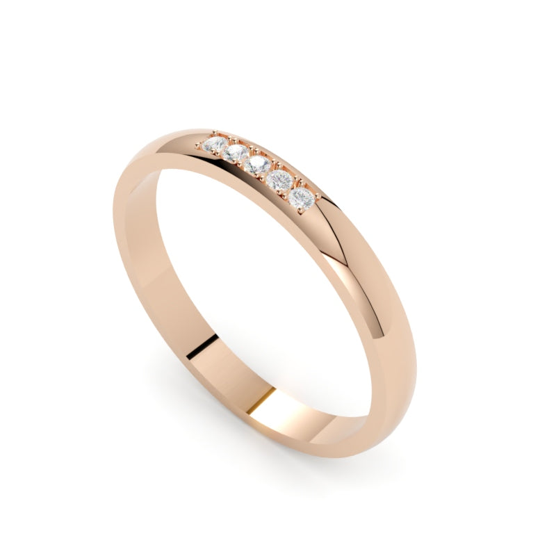Obrączka ślubna z 5 diamentami, półokrągła, różowe złoto 750, szerokość 2,50 mm