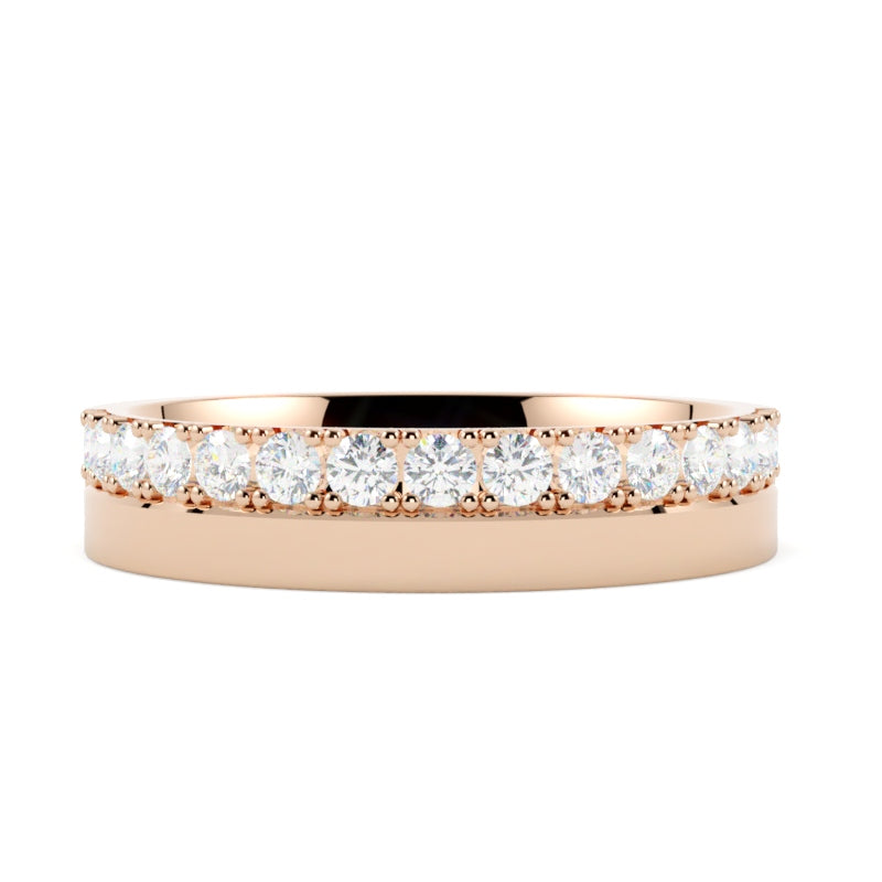 obrączka ślubna z diamentami w różowym złocie 585, płaski profil, rząd brylantów w krapy