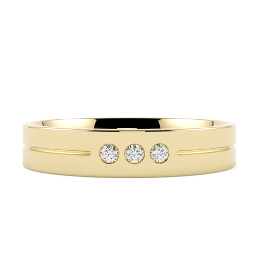 obrączka ślubna z diamentami w żółtym złocie 585, 4 mm, trzy brylanty, płaska