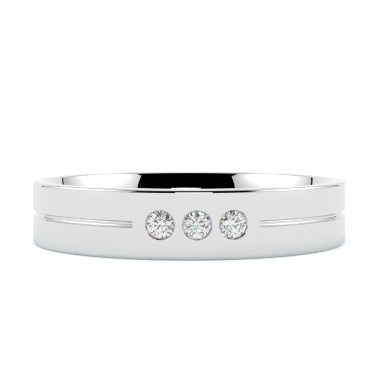 obrączka ślubna z diamentami w białym złocie 585, 4 mm, trzy brylanty centralnie, profil płaski