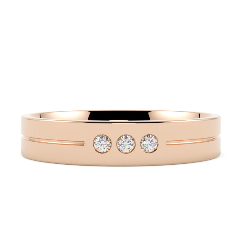 obrączka ślubna z diamentami w różowym złocie 585, 4 mm, trzy brylanty oprawione na gładko