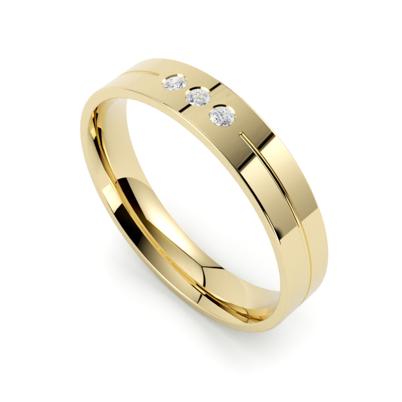 obrączka ślubna z diamentami 750, złoto żółte, 4 mm, profil płaski, trzy brylanty