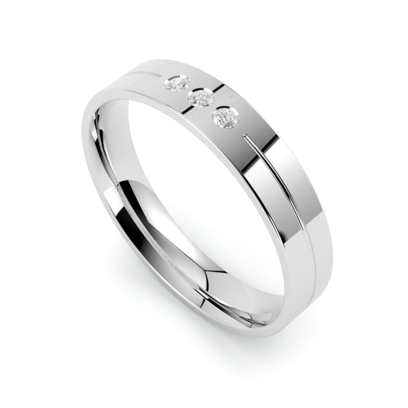 obrączka ślubna z diamentami 750, złoto białe, 4 mm, profil płaski, trzy brylanty