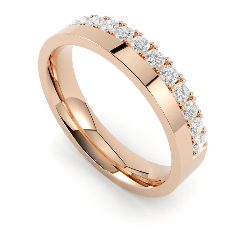 obrączka ślubna z diamentami 585, złoto różowe, rząd brylantów w krapy
