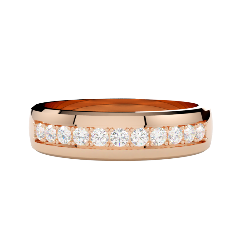 Różowa złota obrączka ślubna ozdobiona diamentami fazowana na rantach