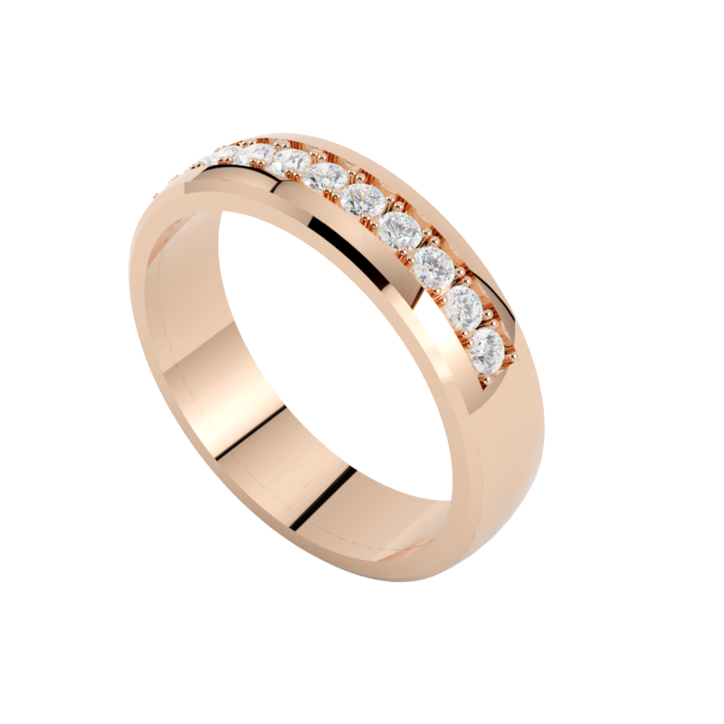 Obrączka z różowego złota z rzędem diamentów z fazowanymi rantami