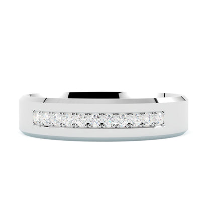 Obrączka ślubna z diamentami, białe złoto 585, profil płaski fazowany, szerokość 4,50 mm, polerowana