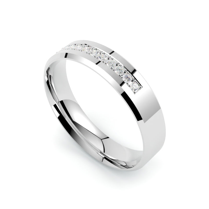 Obrączka ślubna z diamentami,  platyna 950, profil płaski fazowany, szerokość 4,50 mm, polerowana, GOLDPORT