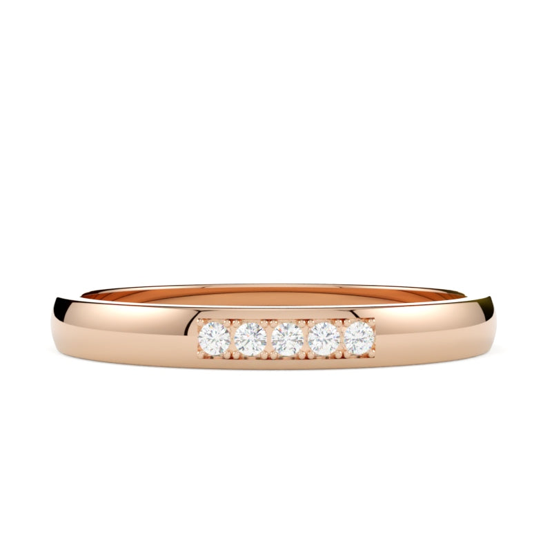 Obrączka ślubna z 5 diamentami, półokrągła, różowe złoto 585, polerowana, GOLDPORT
