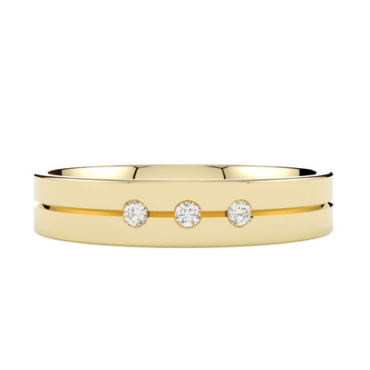 Obrączka ślubna z diamentami, płaska, żółte złoto 585, szerokość 4 mm, soczewkowa