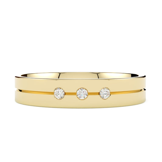 Obrączka ślubna z diamentami, płaska, żółte złoto 585, szerokość 4 mm, soczewkowa