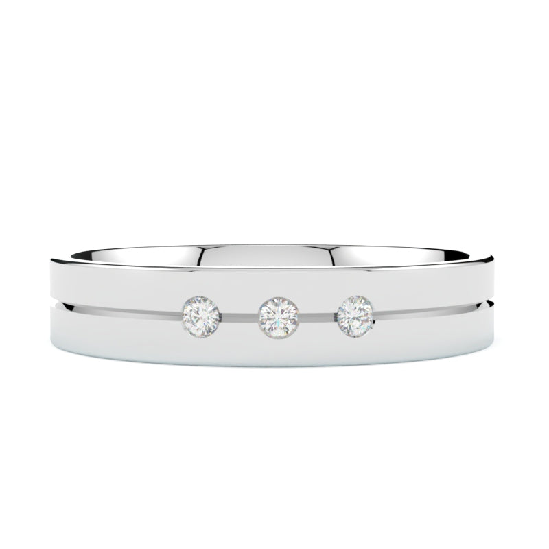 Obrączka ślubna z diamentami, płaska, białe złoto 585, szerokość 4 mm, soczewkowa