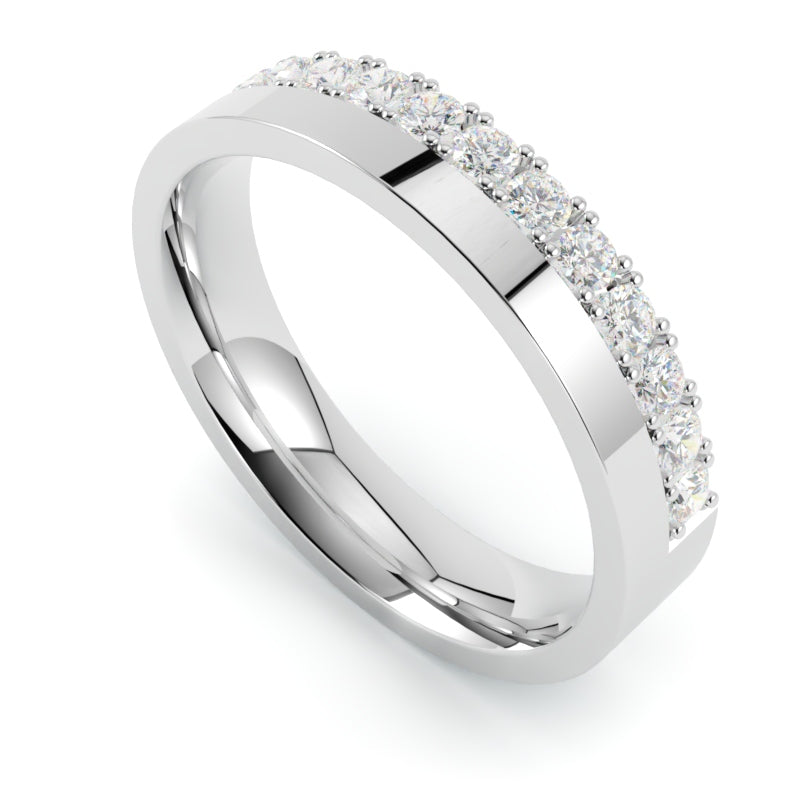 obrączka ślubna z diamentami 585, złoto białe, płaska soczewkowa, brylanty w łapki