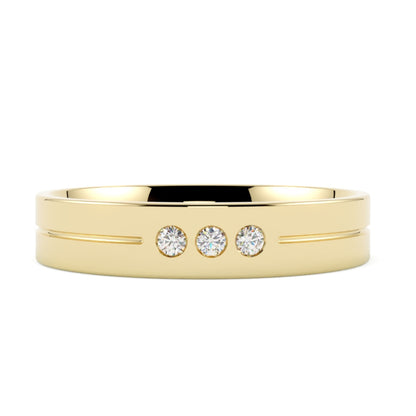 obrączka ślubna z diamentami w żółtym złocie 585, 4 mm, trzy brylanty, płaska