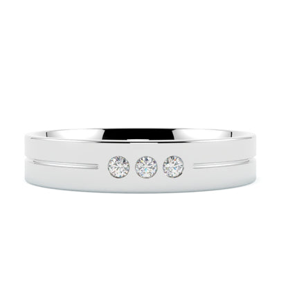 obrączka ślubna z diamentami w białym złocie 585, 4 mm, trzy brylanty centralnie, profil płaski