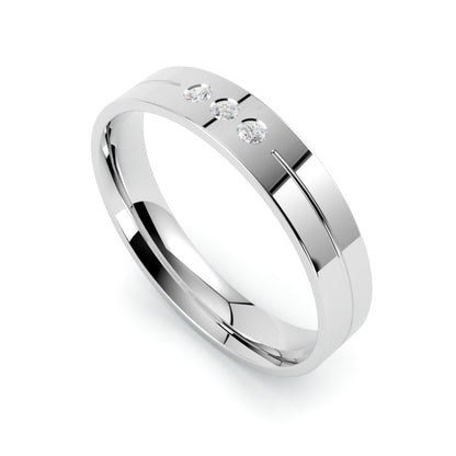 obrączka ślubna z diamentami 750, złoto białe, 4 mm, profil płaski, trzy brylanty