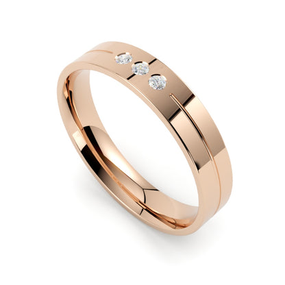obrączka ślubna z diamentami, próba 750, złoto różowe, 4 mm, trzy brylanty na gładko