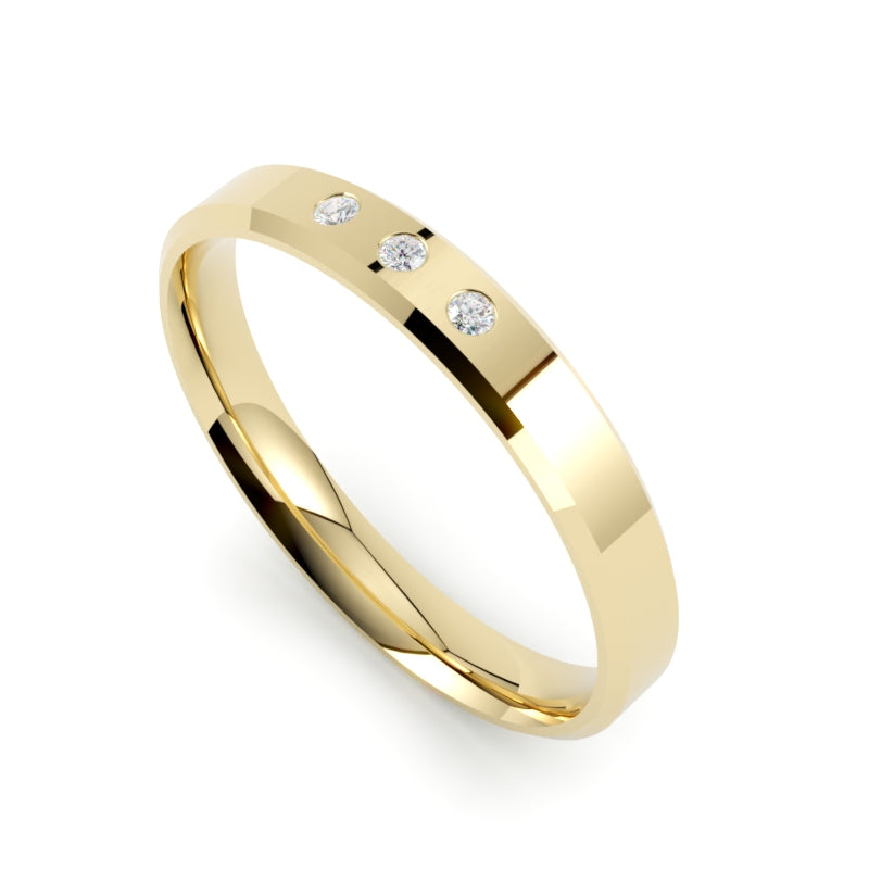 Obrączka ślubna z diamentami, złoto żółte 750, profil płaski fazowany, soczewkowa, GOLDPORT