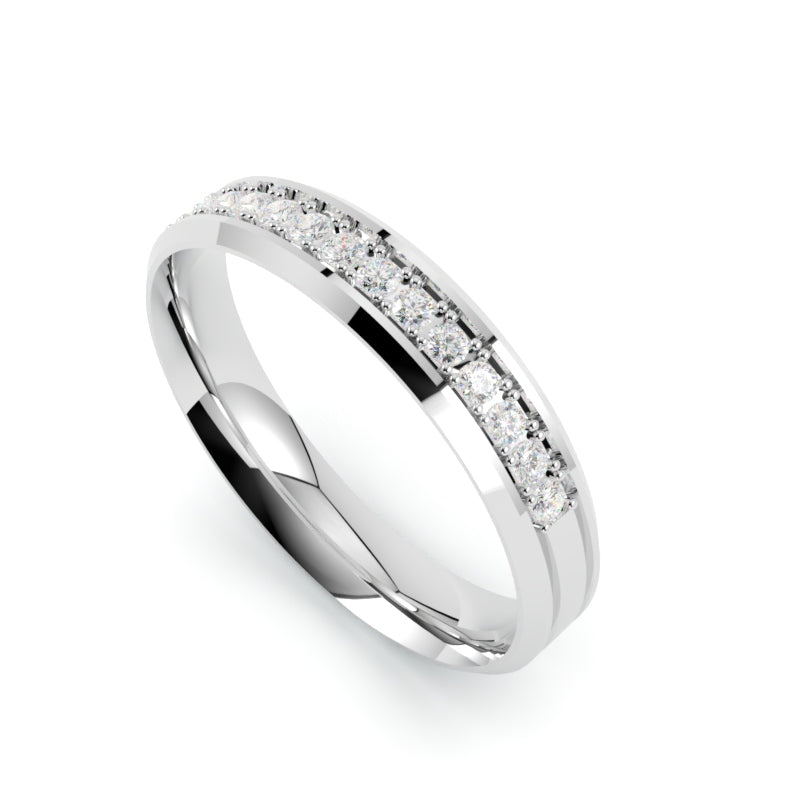 Obrączka ślubna z diamentami , złoto białe 750, profil płaski fazowany 3,50 mm, soczewkowa, GOLDPORT