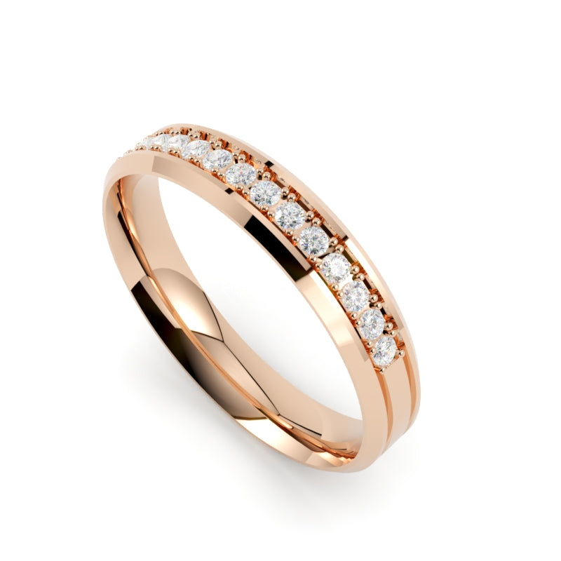 Obrączka ślubna z diamentami , złoto różowe 750, profil płaski fazowany 3,50 mm, soczewkowa, GOLDPORT