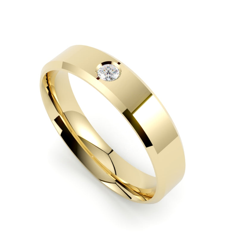 Obrączka ślubna z diamentem , żółte złoto 750, profil płaski fazowany, soczewkowa, GOLDPORT