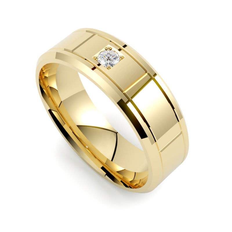 Obrączka premium z diamentem, żółte złoto 750, szerokość 8 mm, profil płaski fazowany, soczewkowa, GOLDPORT