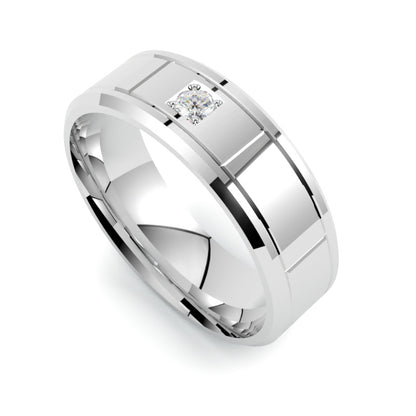 Obrączka premium z diamentem, białe złoto 750, szerokość 8 mm, profil płaski fazowany, soczewkowa, GOLDPORT