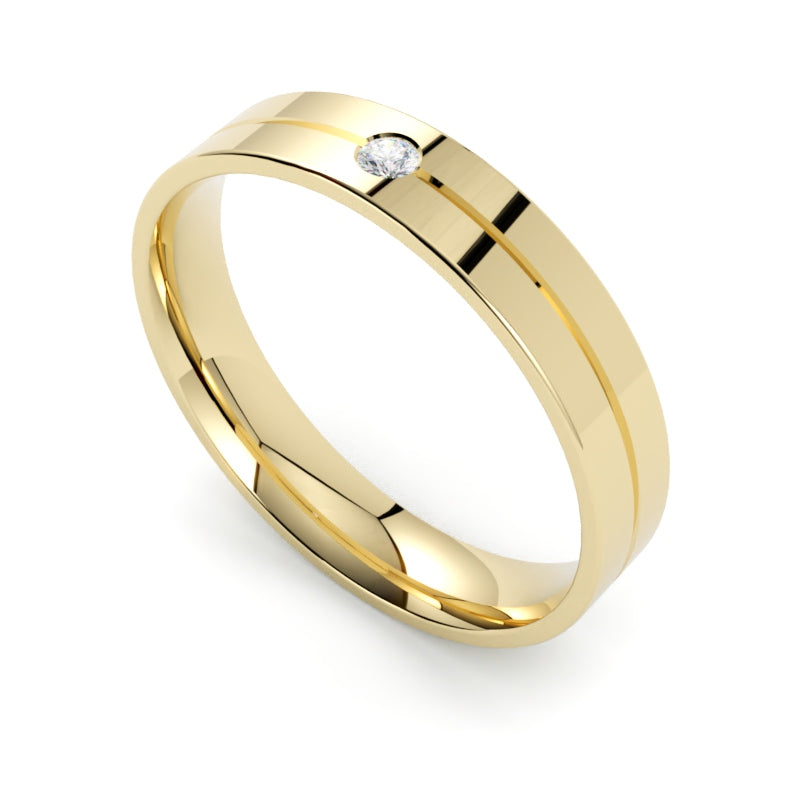 Nowoczesna obrączka ślubna 4mm z diamentem, z żółtego złota 750, profil płaski GOLDPORT
