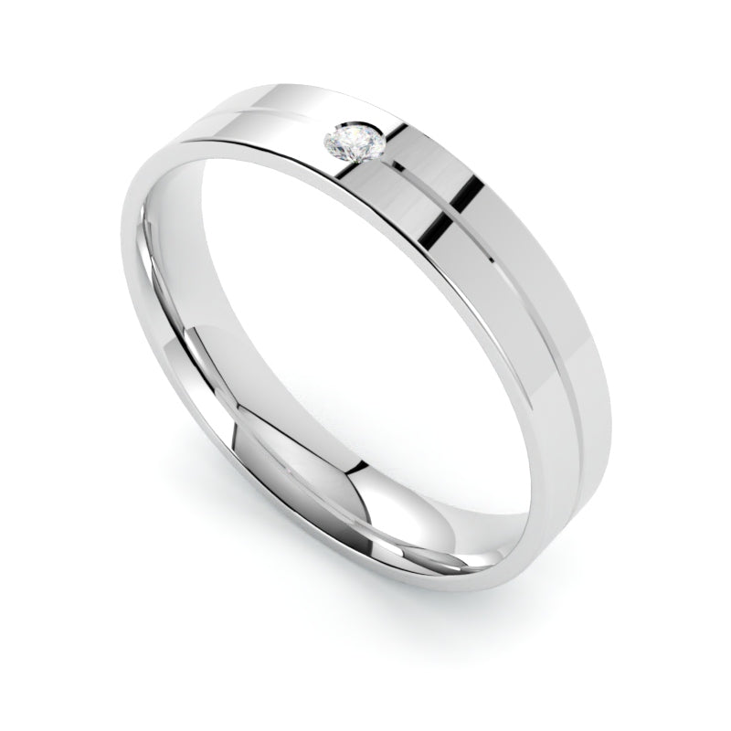 Nowoczesna obrączka ślubna 4mm z diamentem, z platyny 950, profil płaski GOLDPORT