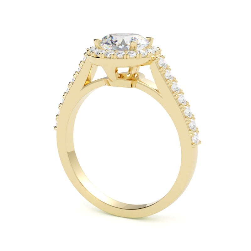 Pierścionek z diamentem typu halo, diament centralny szlif brylantowy, żółte złoto, diamenty boczne, GOLDPORT