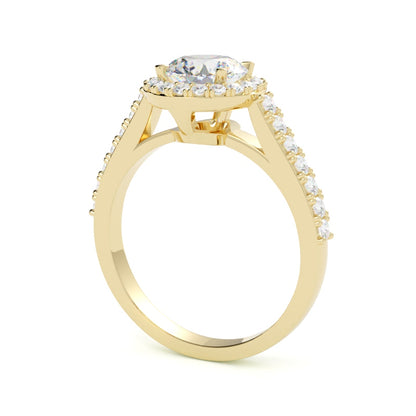Pierścionek z diamentem typu halo, diament centralny szlif brylantowy, żółte złoto, diamenty boczne, GOLDPORT