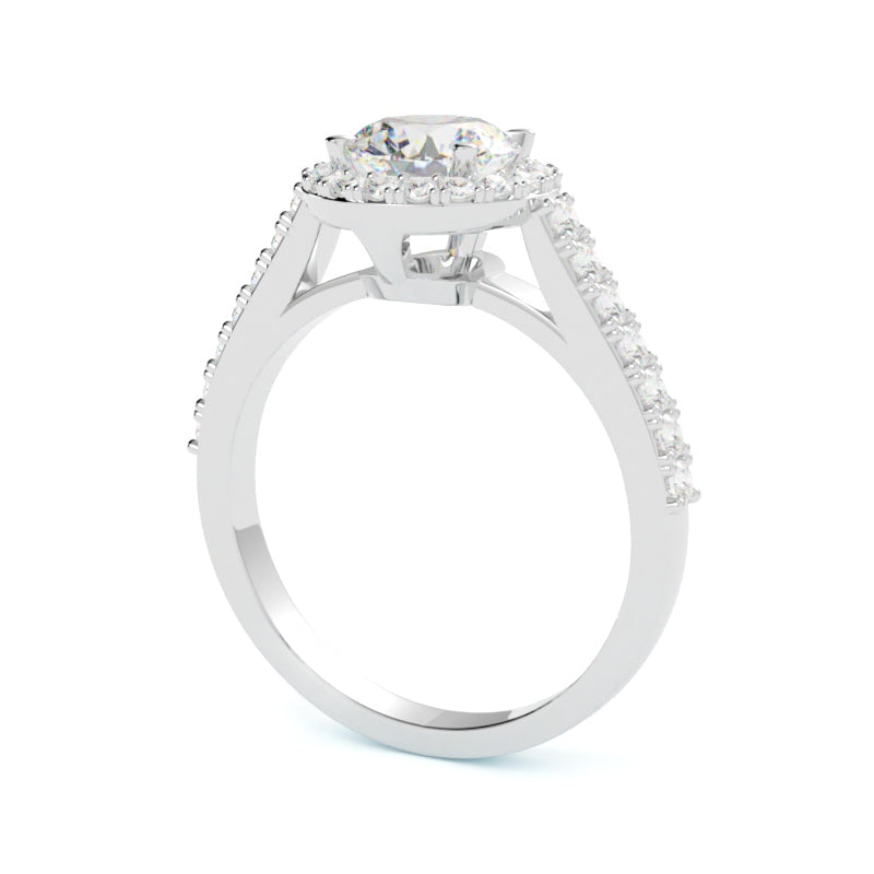 Pierścionek z diamentem typu halo, diament centralny szlif brylantowy, białe złoto, diamenty boczne, GOLDPORT