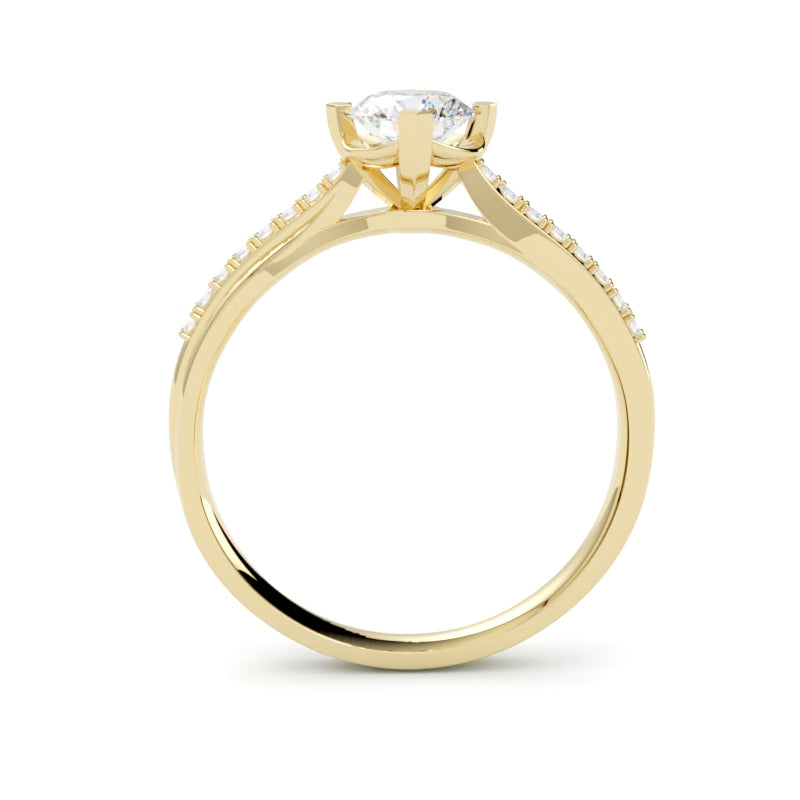 Pierścionek z żółtego złota 585 z diamentem – szyna twist i diamenty na bokach