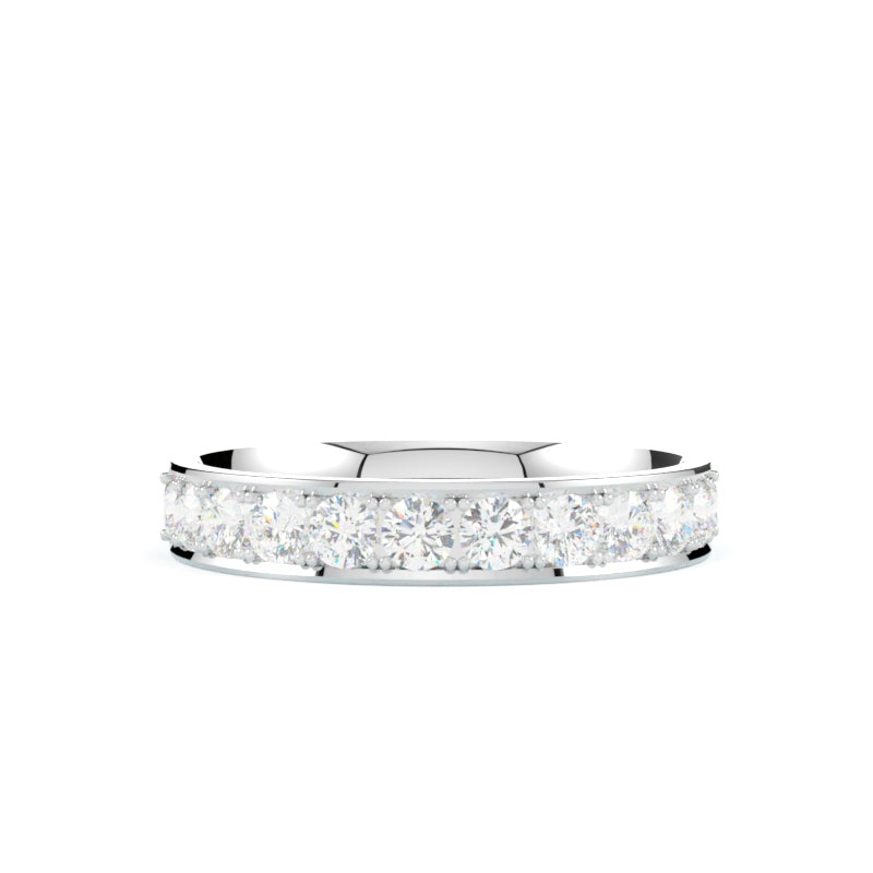 Obrączka z diamentami do połowy , złoto białe 585, profil półokrągły, wnętrze soczewkowe, GOLDPORT